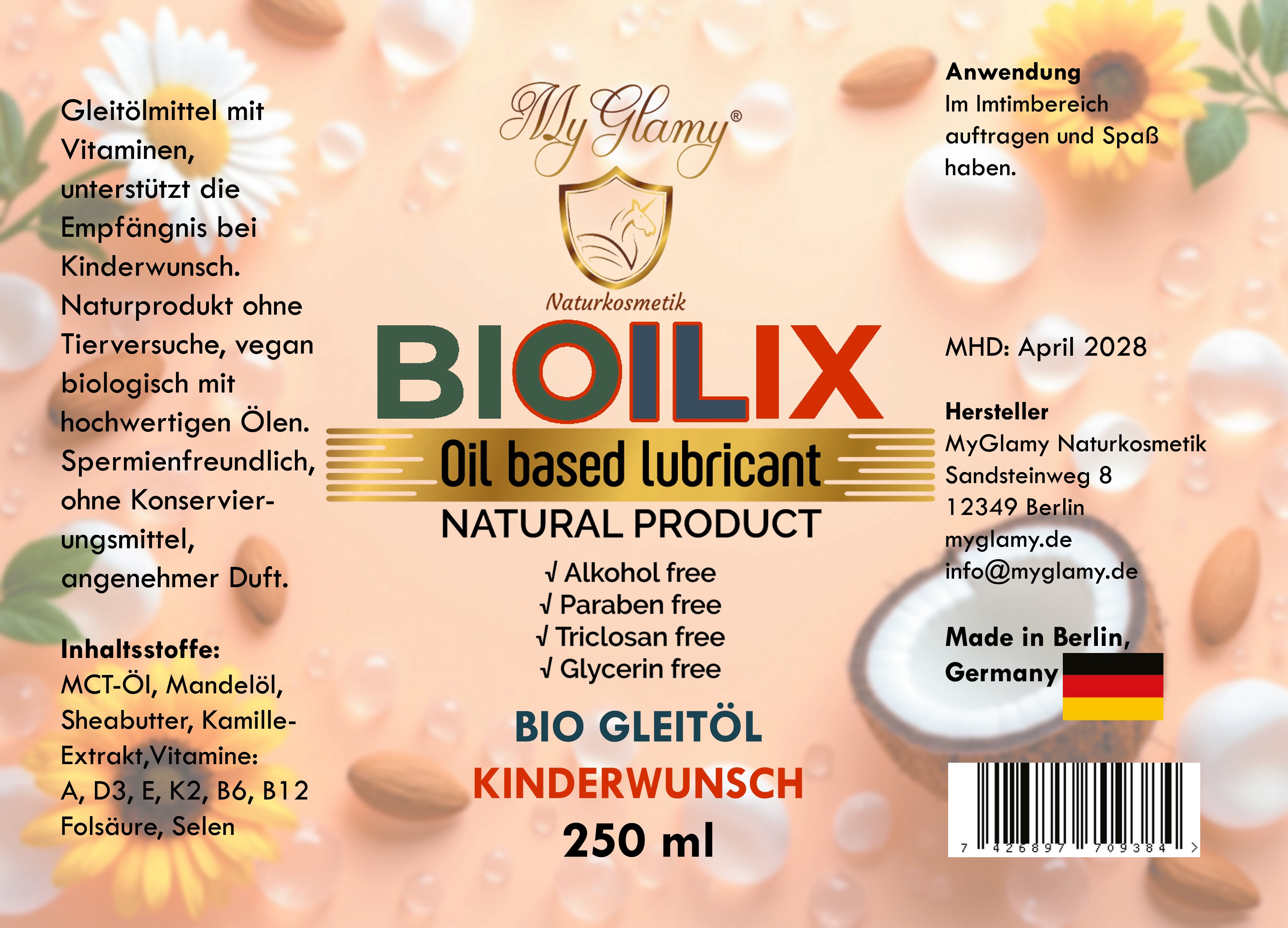 MyGlamy Bioilix Gleitmittel bei Kindwerwunsch Gleitöl für den Intimbereich -ohne Parabene Wasser Glyzerin-