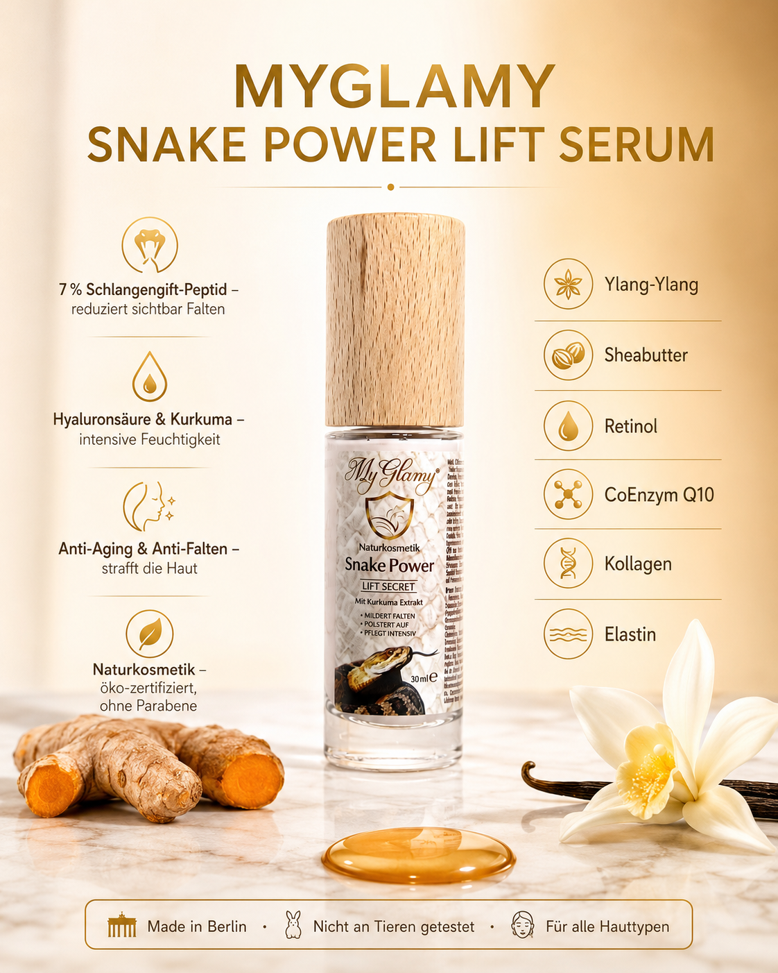Snake SERUM Naturkosmetik Hyaluron Power LIFT 30ml mit 7% Schlangengift Kurkuma Hyaluronsäure MyGlamy