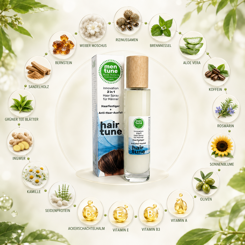 Haarspray anti-Ausfall + Wachstum mit Rosmarin Kamille Ingwer Sandelholz Brennnessel Rizinus Vitamin B3 B5 E