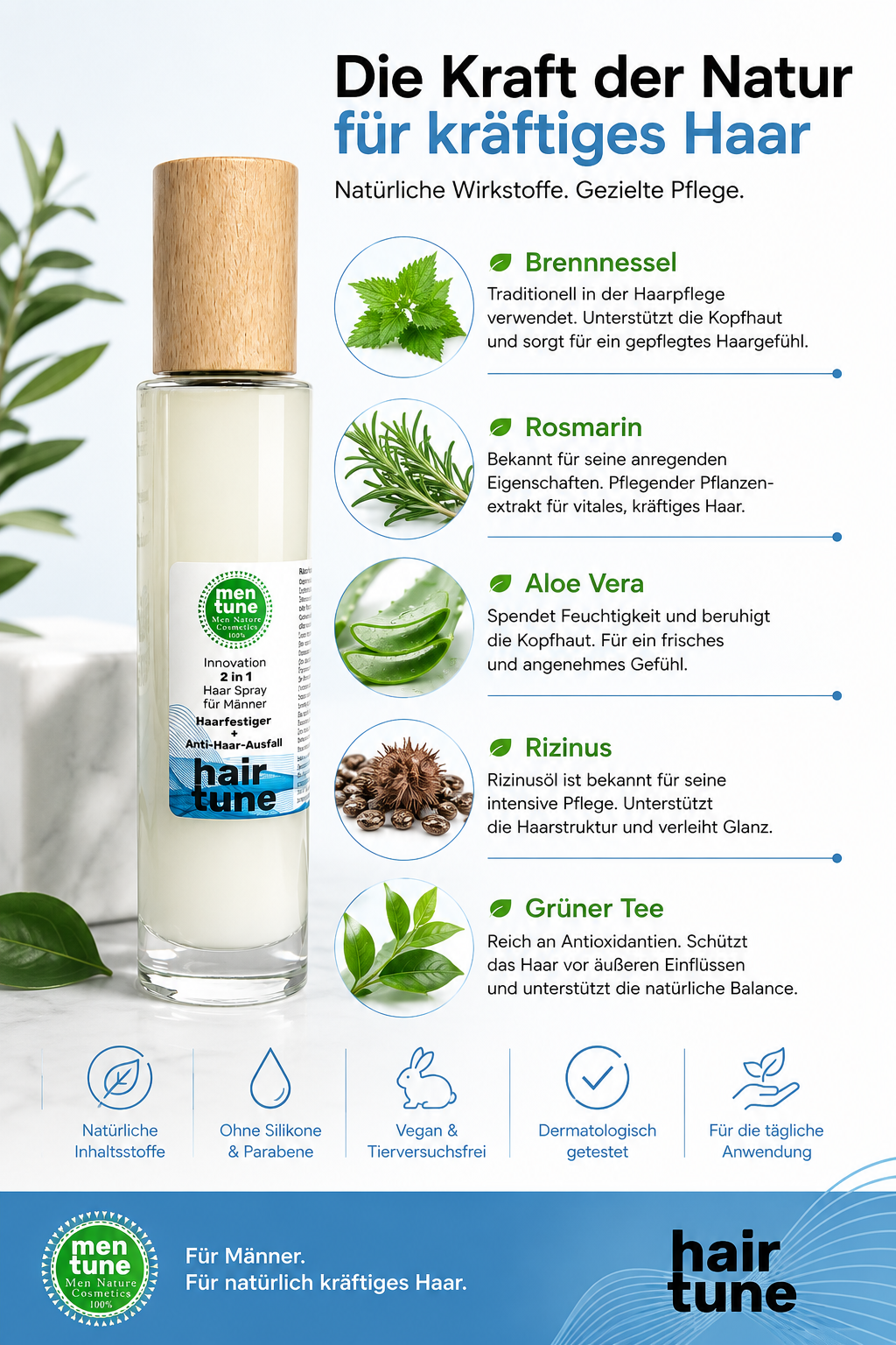 Haarspray anti-Ausfall + Wachstum mit Rosmarin Kamille Ingwer Sandelholz Brennnessel Rizinus Vitamin B3 B5 E