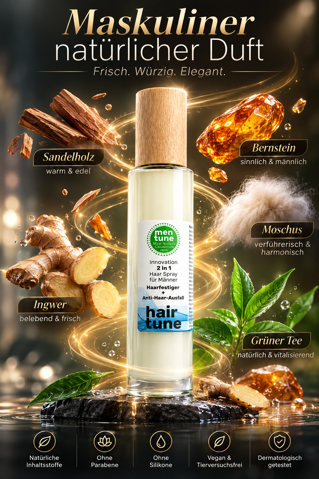 Haarspray anti-Ausfall + Wachstum mit Rosmarin Kamille Ingwer Sandelholz Brennnessel Rizinus Vitamin B3 B5 E