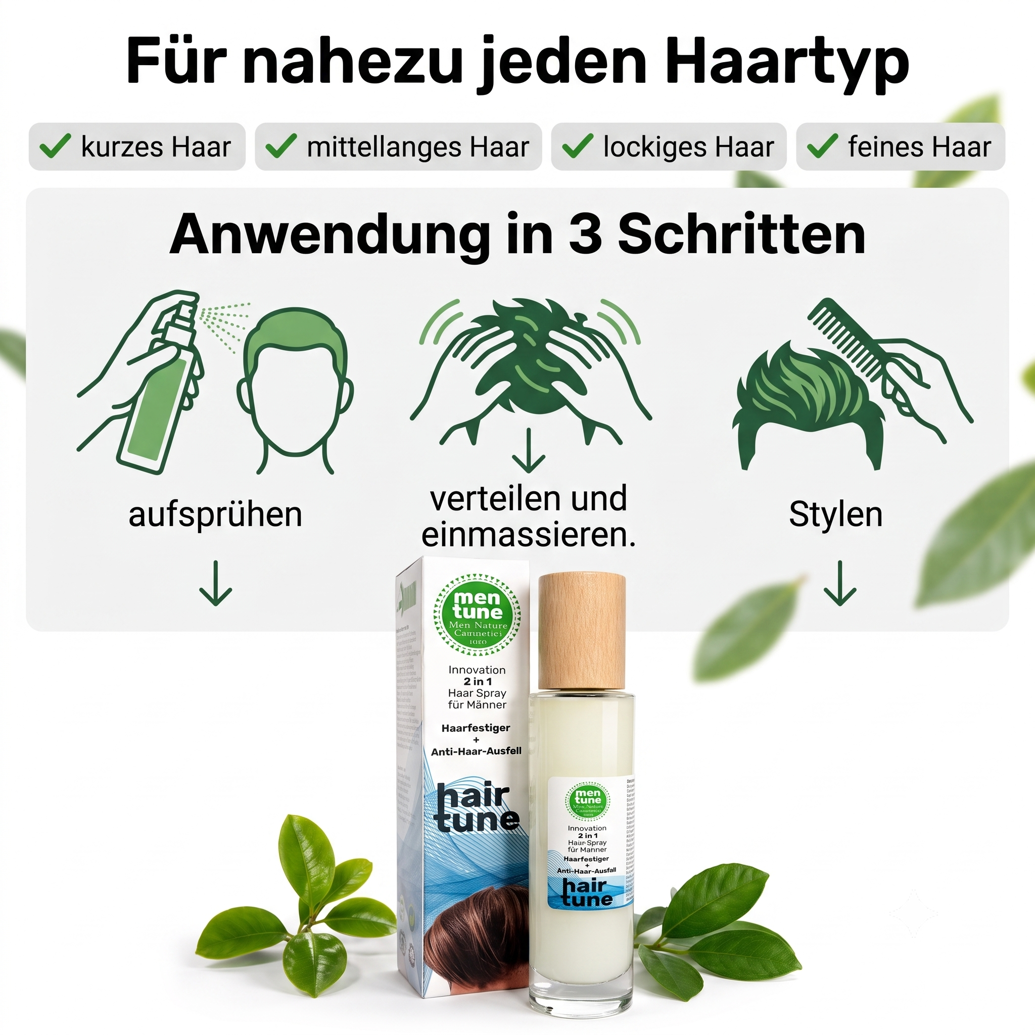 Haarspray anti-Ausfall + Wachstum mit Rosmarin Kamille Ingwer Sandelholz Brennnessel Rizinus Vitamin B3 B5 E