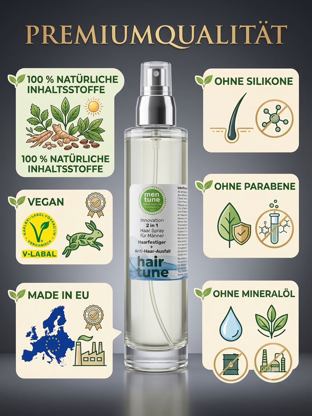 Haarspray anti-Ausfall + Wachstum mit Rosmarin Kamille Ingwer Sandelholz Brennnessel Rizinus Vitamin B3 B5 E